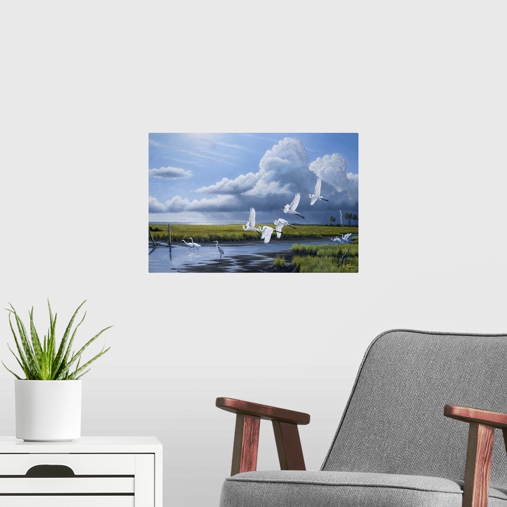 A modern room featuring A flock of egrets in flight over a marsh with storm clouds in the distance.
