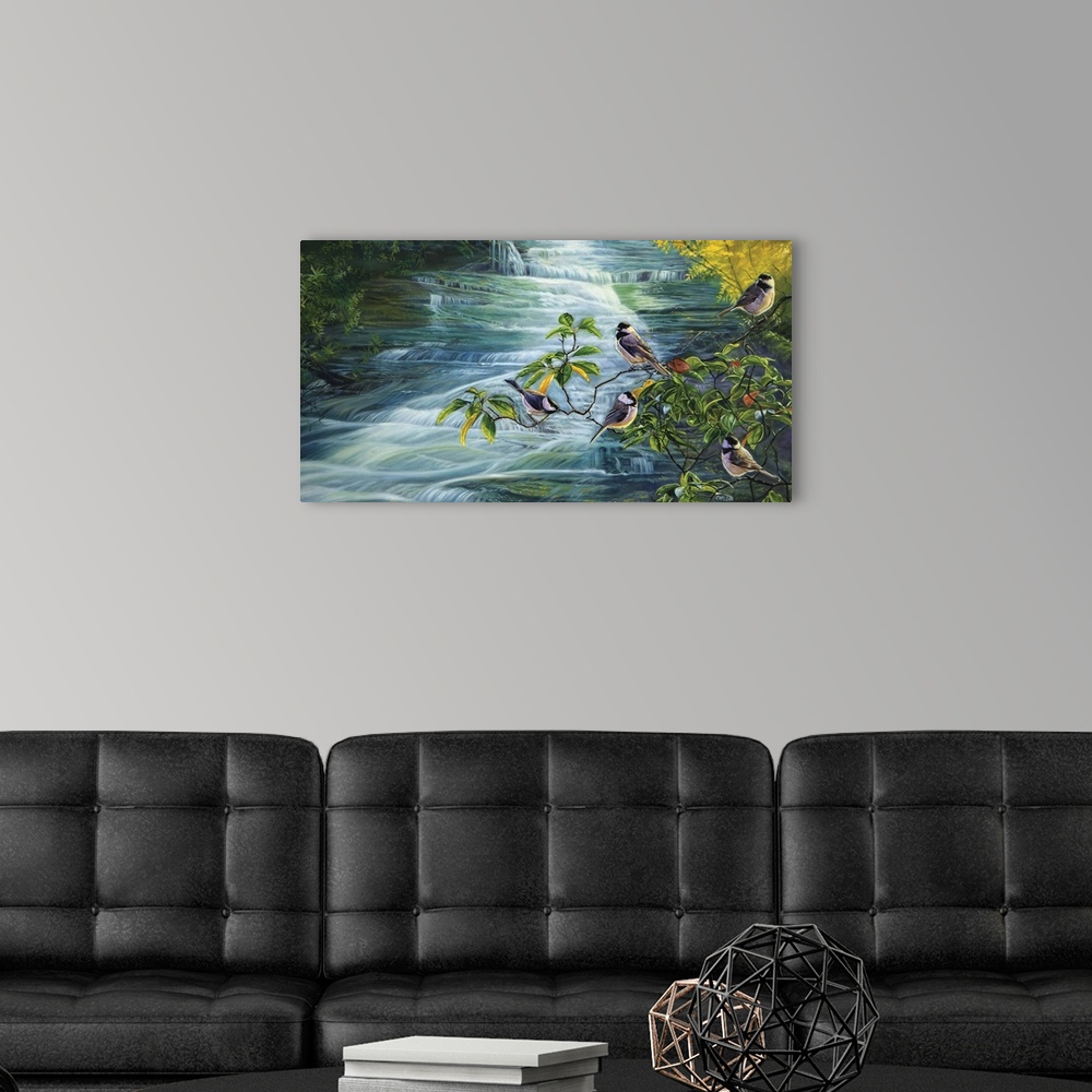 A modern room featuring chickadees on a branch on side of streambird