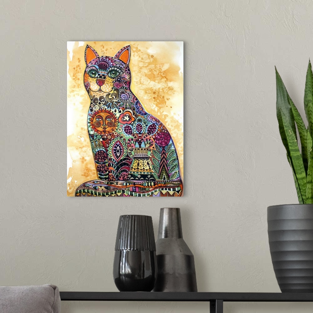 A modern room featuring Watercolor painting of a cat decorated with floral patterns and a smiling sun.