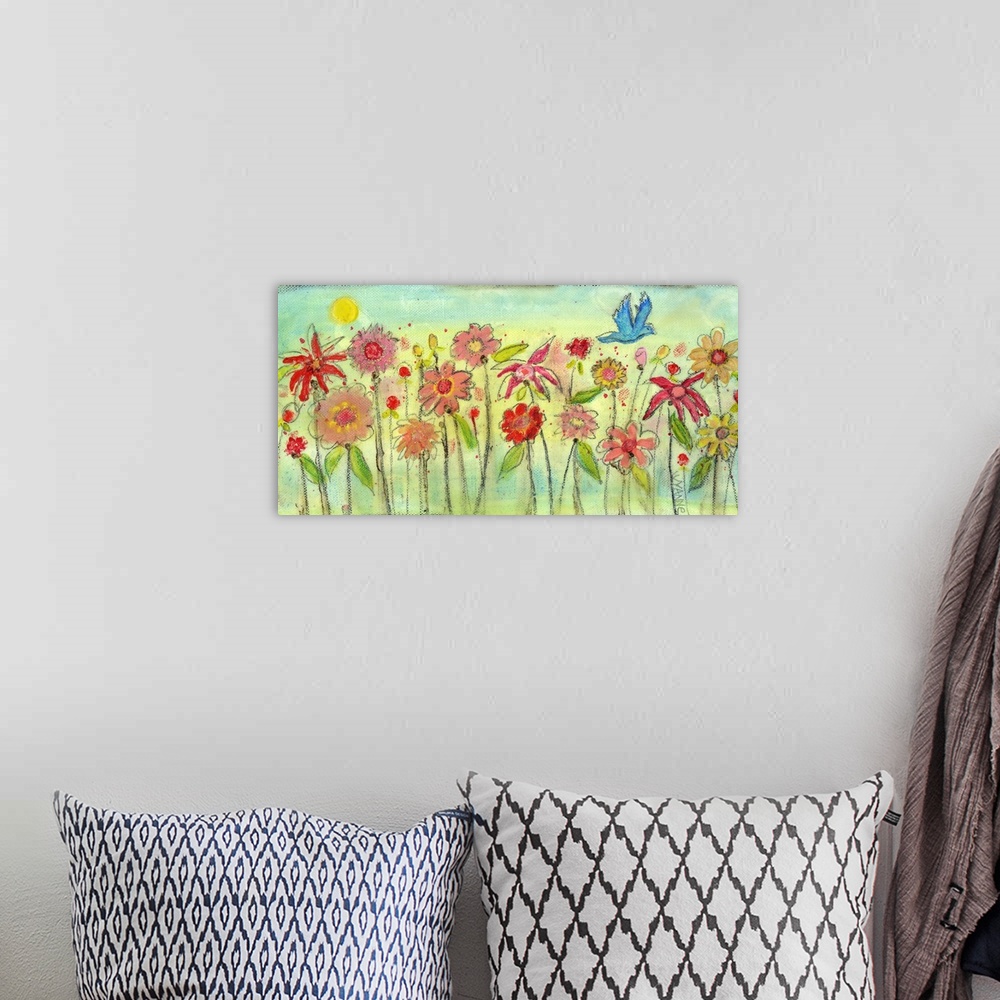A bohemian room featuring A garden of red flowers with a blue bird flying above.