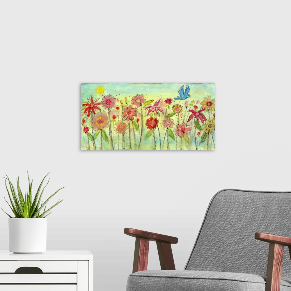 A modern room featuring A garden of red flowers with a blue bird flying above.
