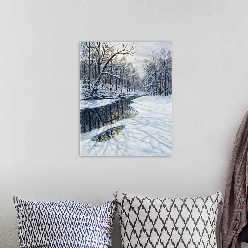 A bohemian room featuring Contemporary artwork of a winter forest scene with a partially frozen pond or stream.