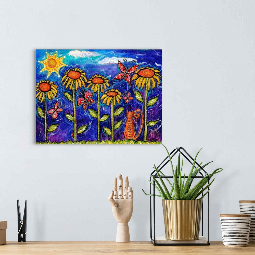 A bohemian room featuring A cat with butterflies in a garden of sunflowers with the sun above.