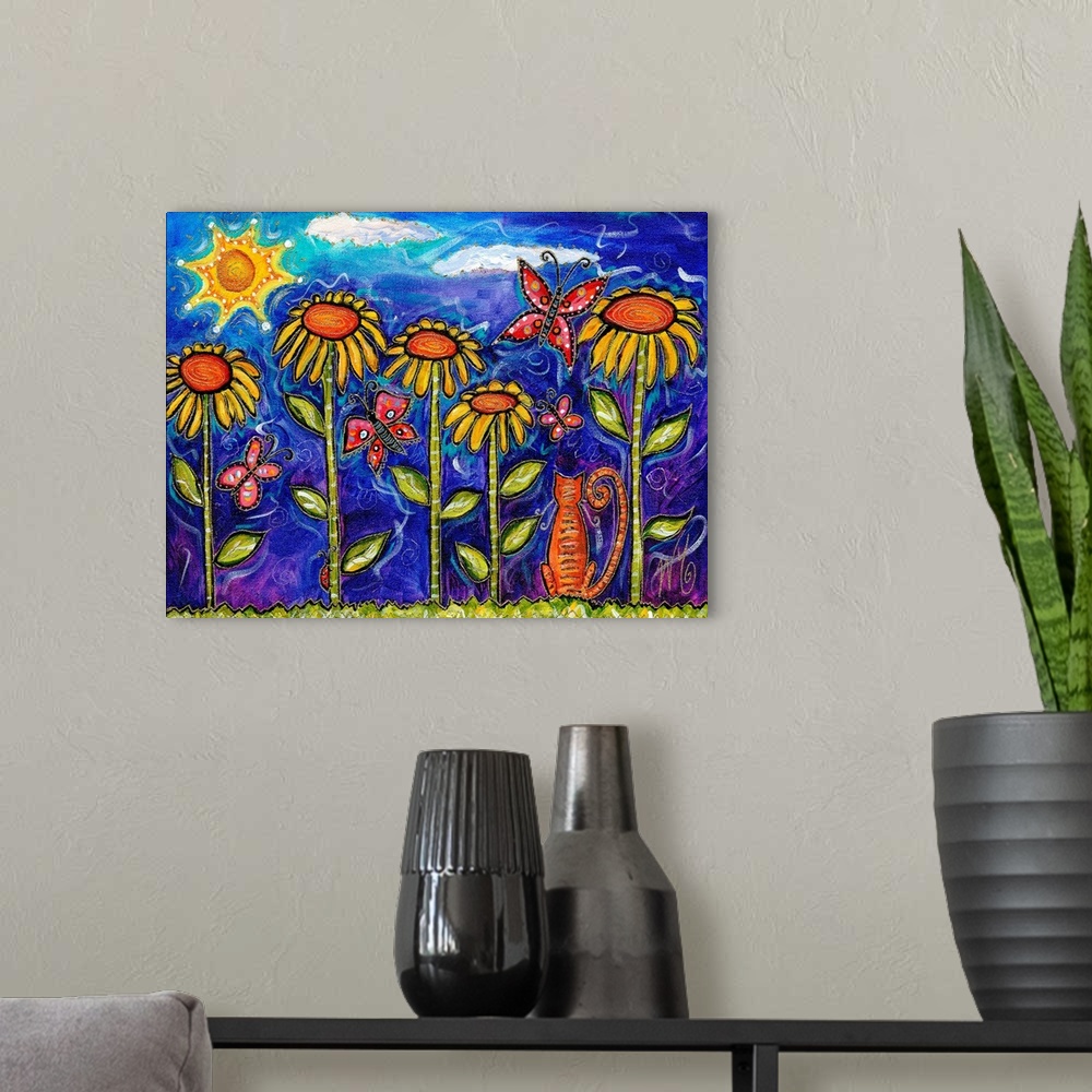 A modern room featuring A cat with butterflies in a garden of sunflowers with the sun above.