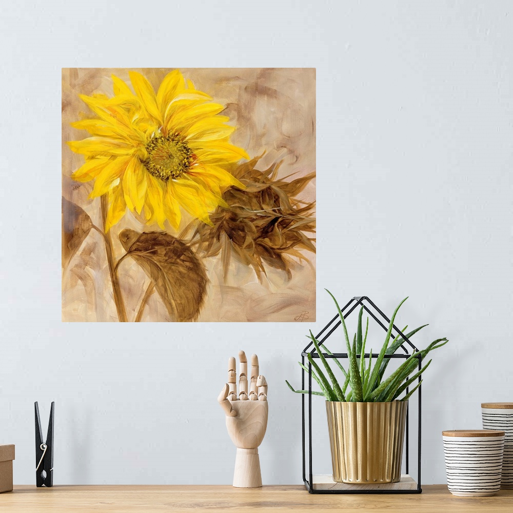 A bohemian room featuring Contemporary painting of a sunflower