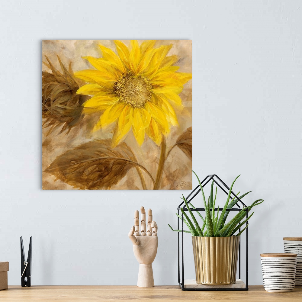 A bohemian room featuring Contemporary painting of a sunflower