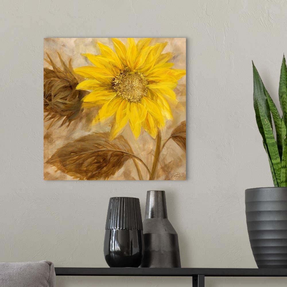 A modern room featuring Contemporary painting of a sunflower