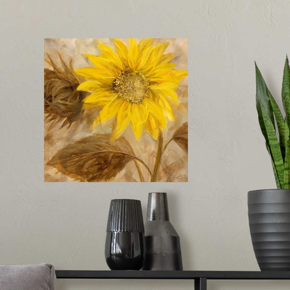A modern room featuring Contemporary painting of a sunflower