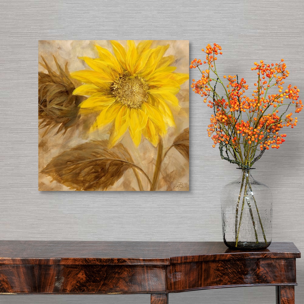 A traditional room featuring Contemporary painting of a sunflower