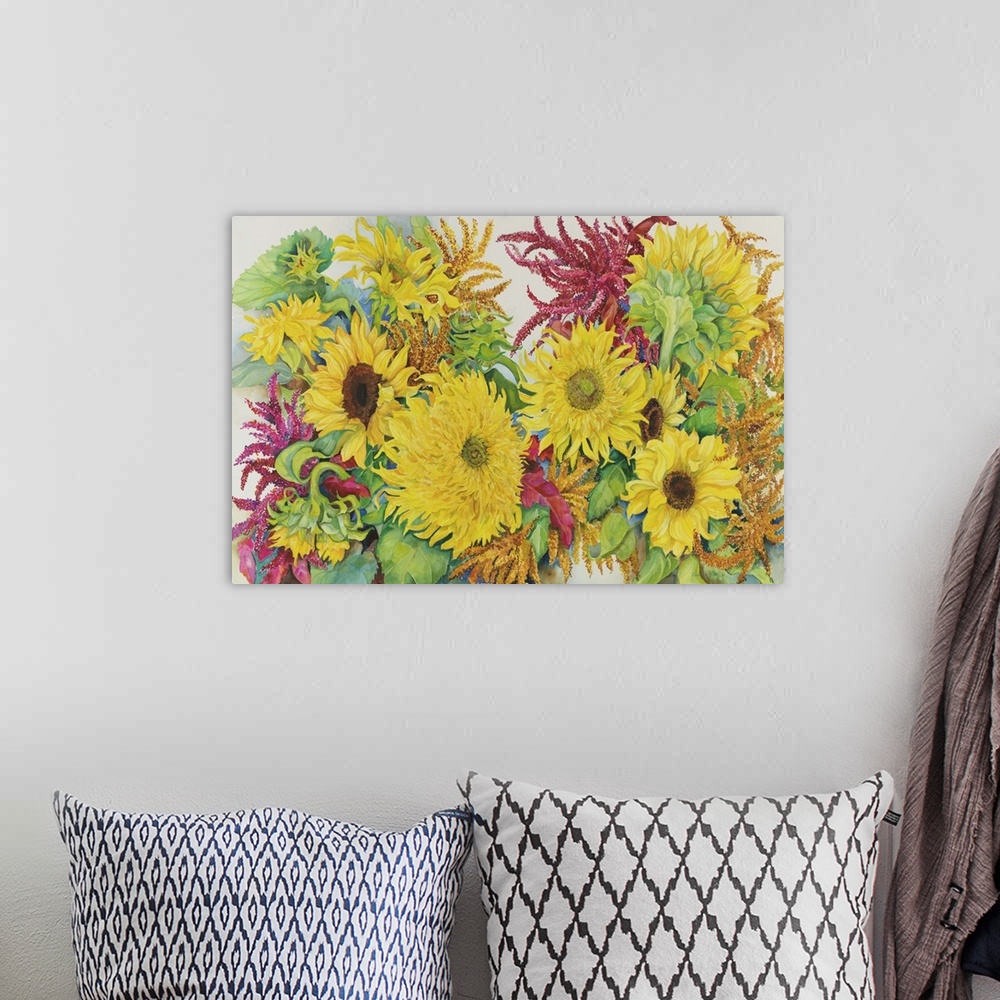 A bohemian room featuring Contemporary colorful painting of bright vibrant flowers.