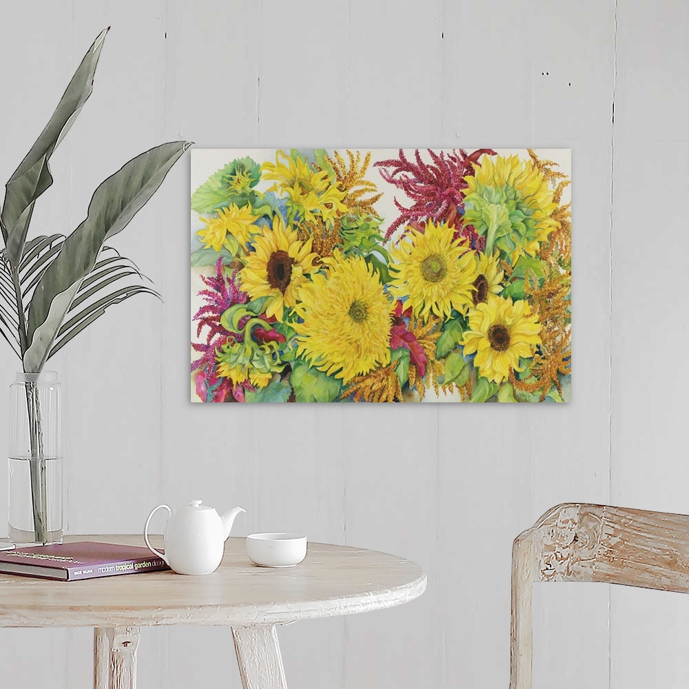 A farmhouse room featuring Contemporary colorful painting of bright vibrant flowers.