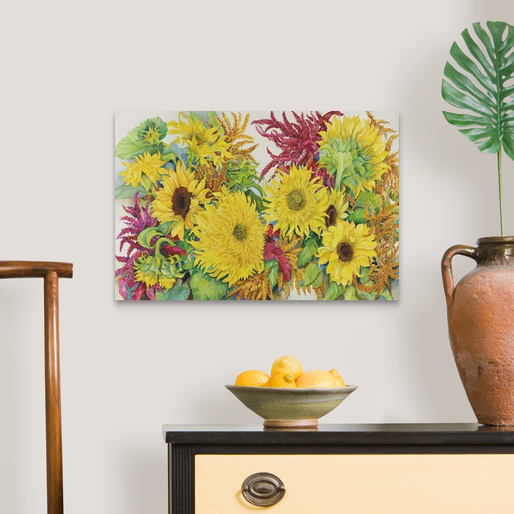 A traditional room featuring Contemporary colorful painting of bright vibrant flowers.