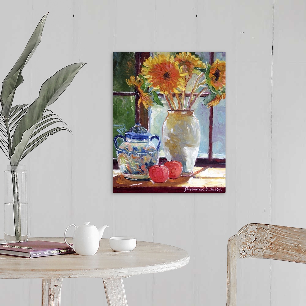 A farmhouse room featuring Contemporary painting of lush sunflowers in a white vase.