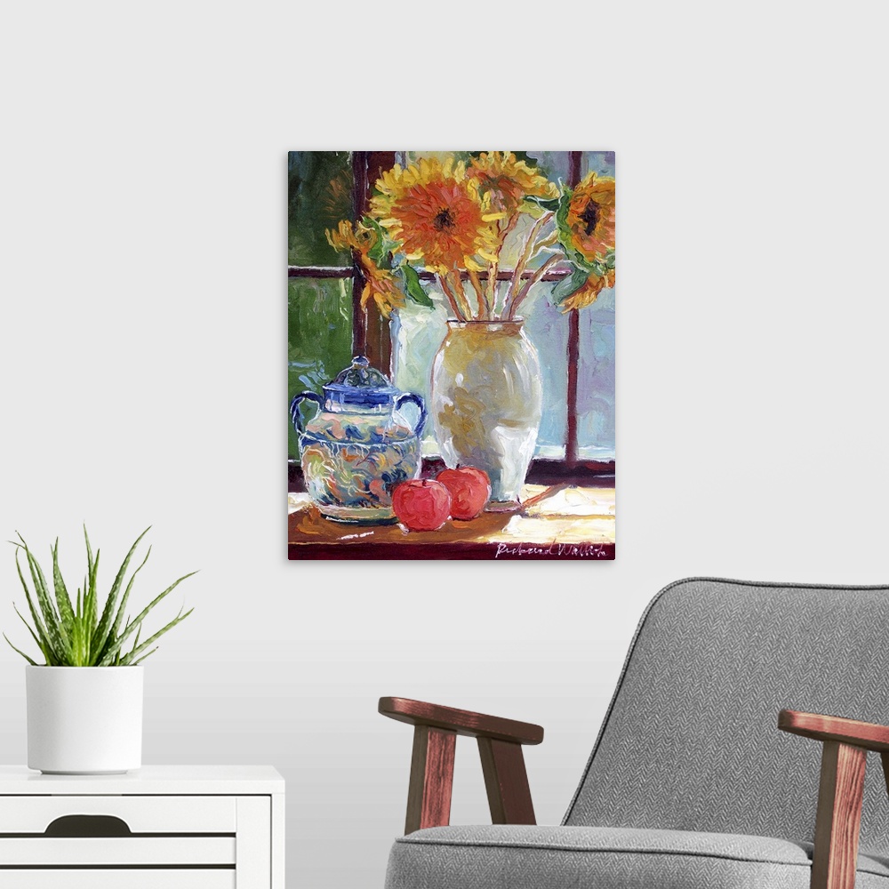 A modern room featuring Contemporary painting of lush sunflowers in a white vase.