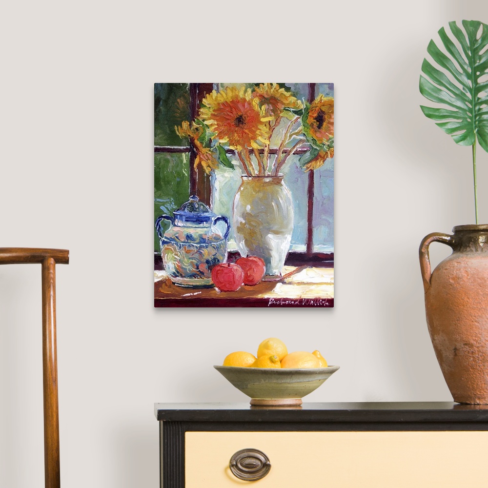 A traditional room featuring Contemporary painting of lush sunflowers in a white vase.