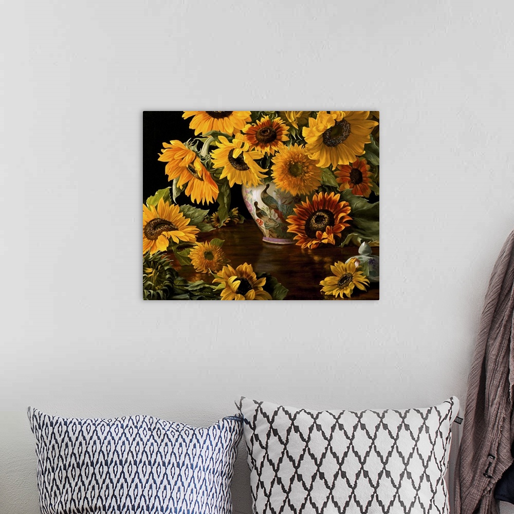 A bohemian room featuring Contemporary still-life painting of sunflowers in a Chinese vase.