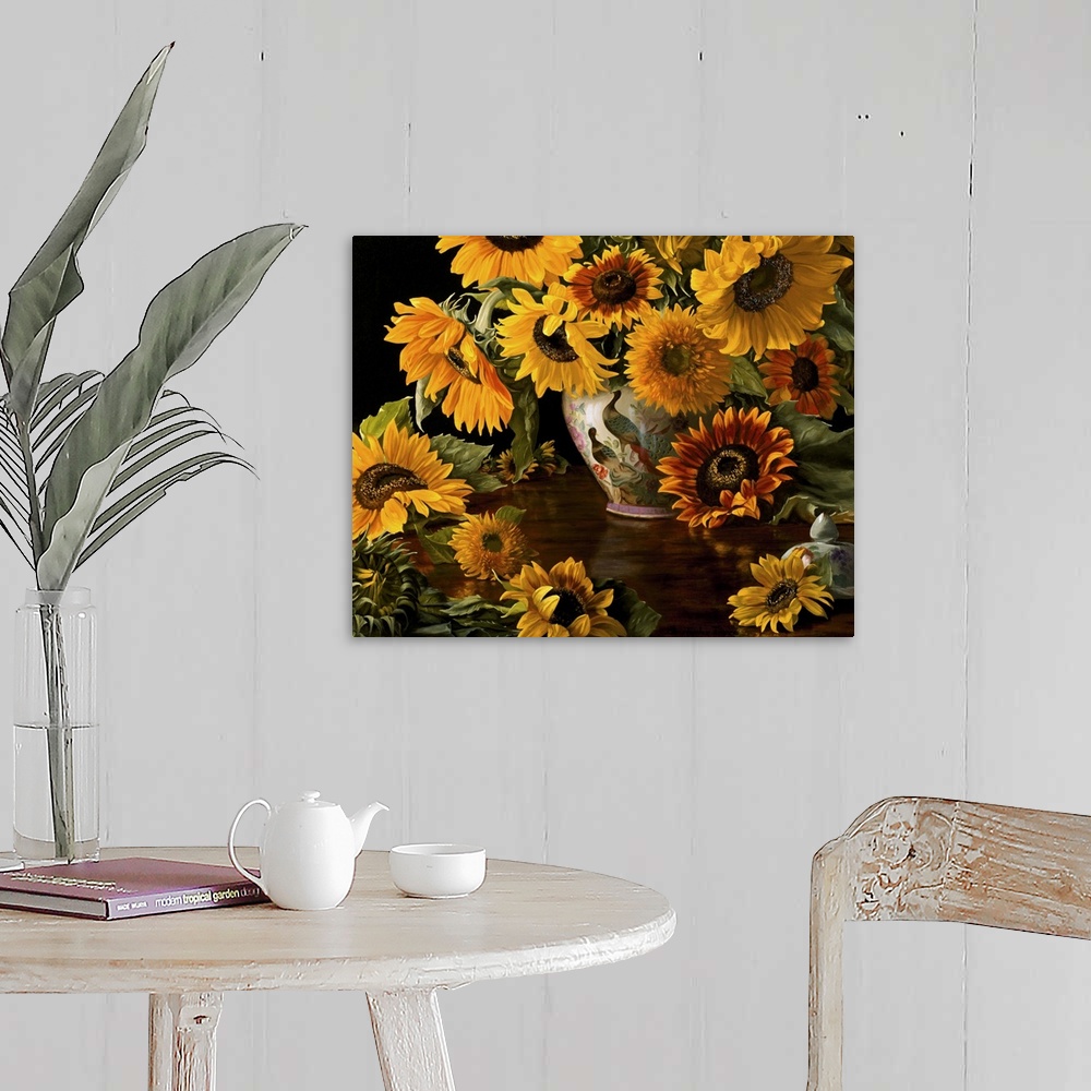 A farmhouse room featuring Contemporary still-life painting of sunflowers in a Chinese vase.