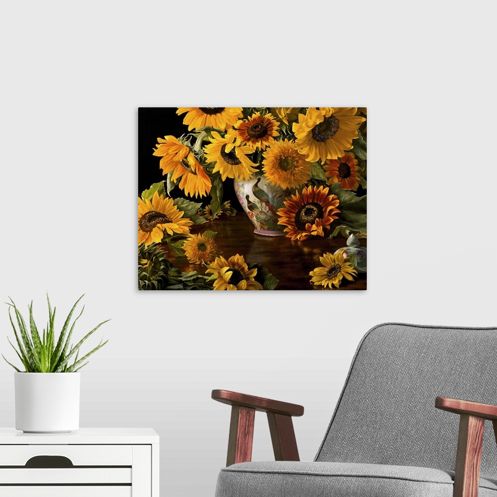 A modern room featuring Contemporary still-life painting of sunflowers in a Chinese vase.