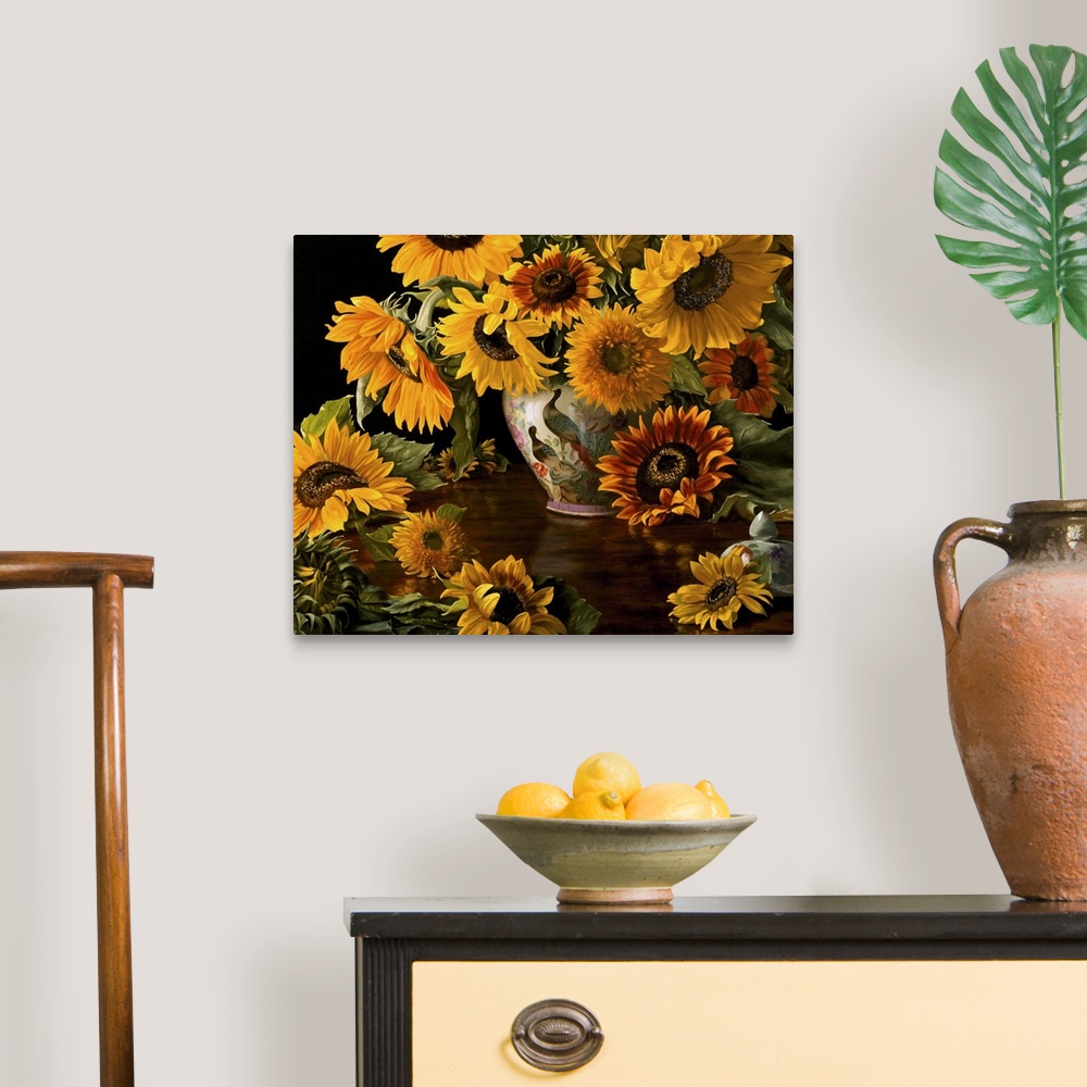 A traditional room featuring Contemporary still-life painting of sunflowers in a Chinese vase.