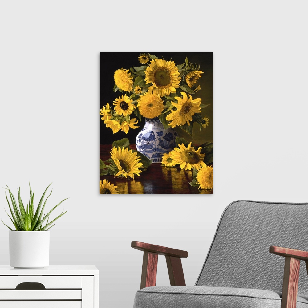 A modern room featuring Contemporary still-life painting of big yellow sunflowers in a Chinese vase.