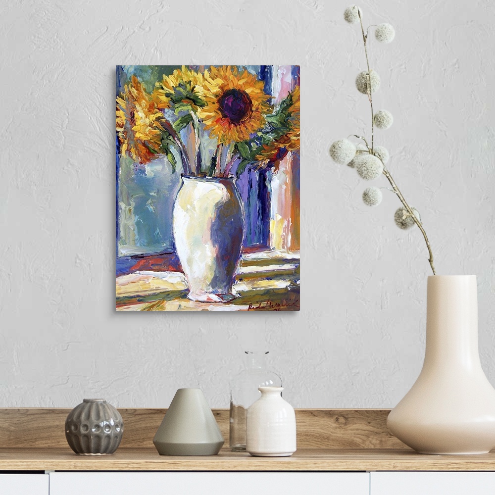 A farmhouse room featuring Contemporary colorful painting of sunflowers.