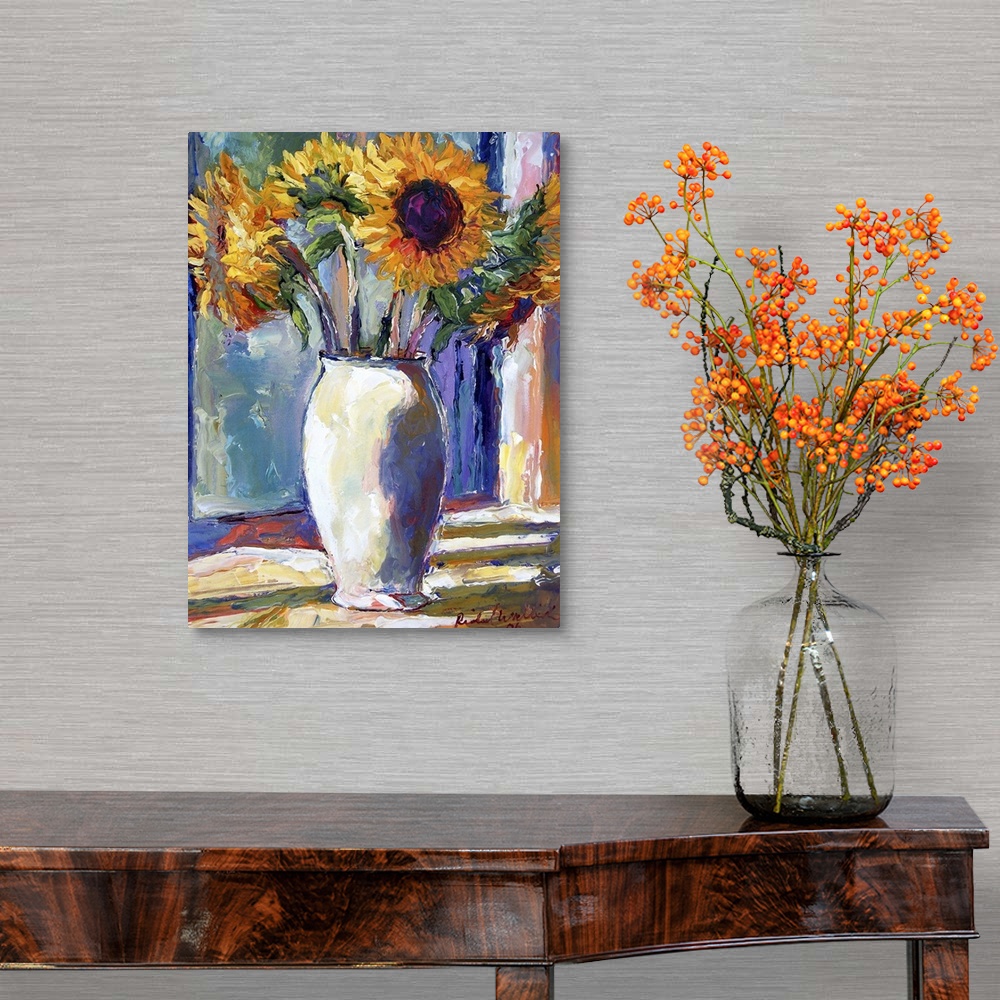 A traditional room featuring Contemporary colorful painting of sunflowers.