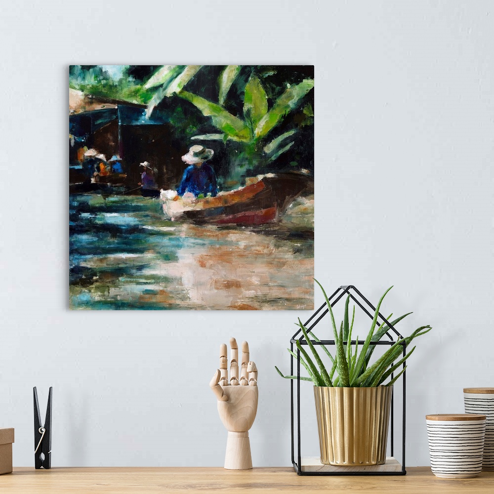 A bohemian room featuring Contemporary painting of a person in a boat on a river.