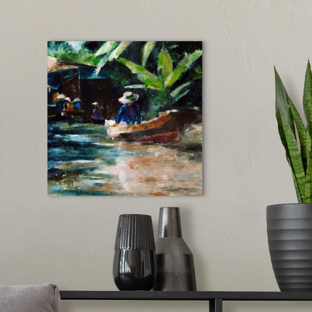 A modern room featuring Contemporary painting of a person in a boat on a river.