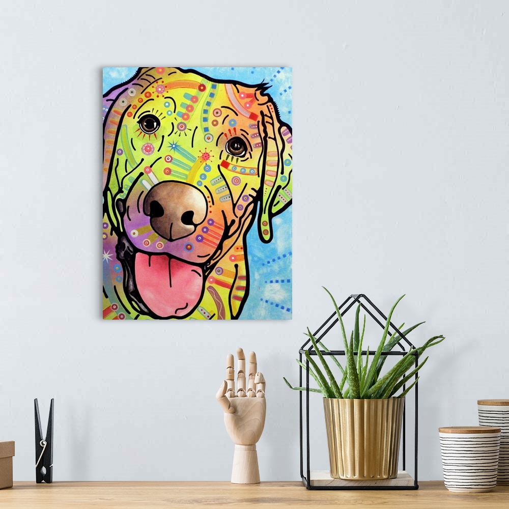 A bohemian room featuring Contemporary painting of a Labrador with bright colors and designs all over.