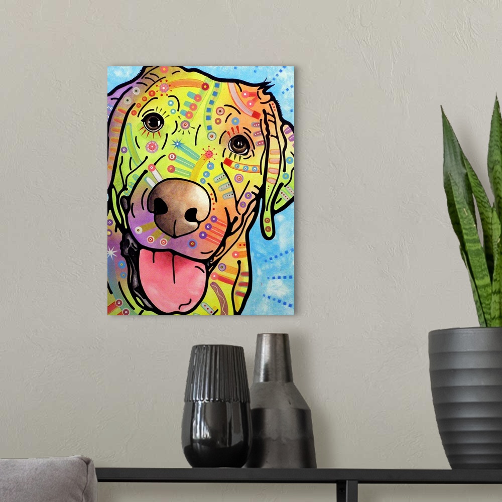A modern room featuring Contemporary painting of a Labrador with bright colors and designs all over.