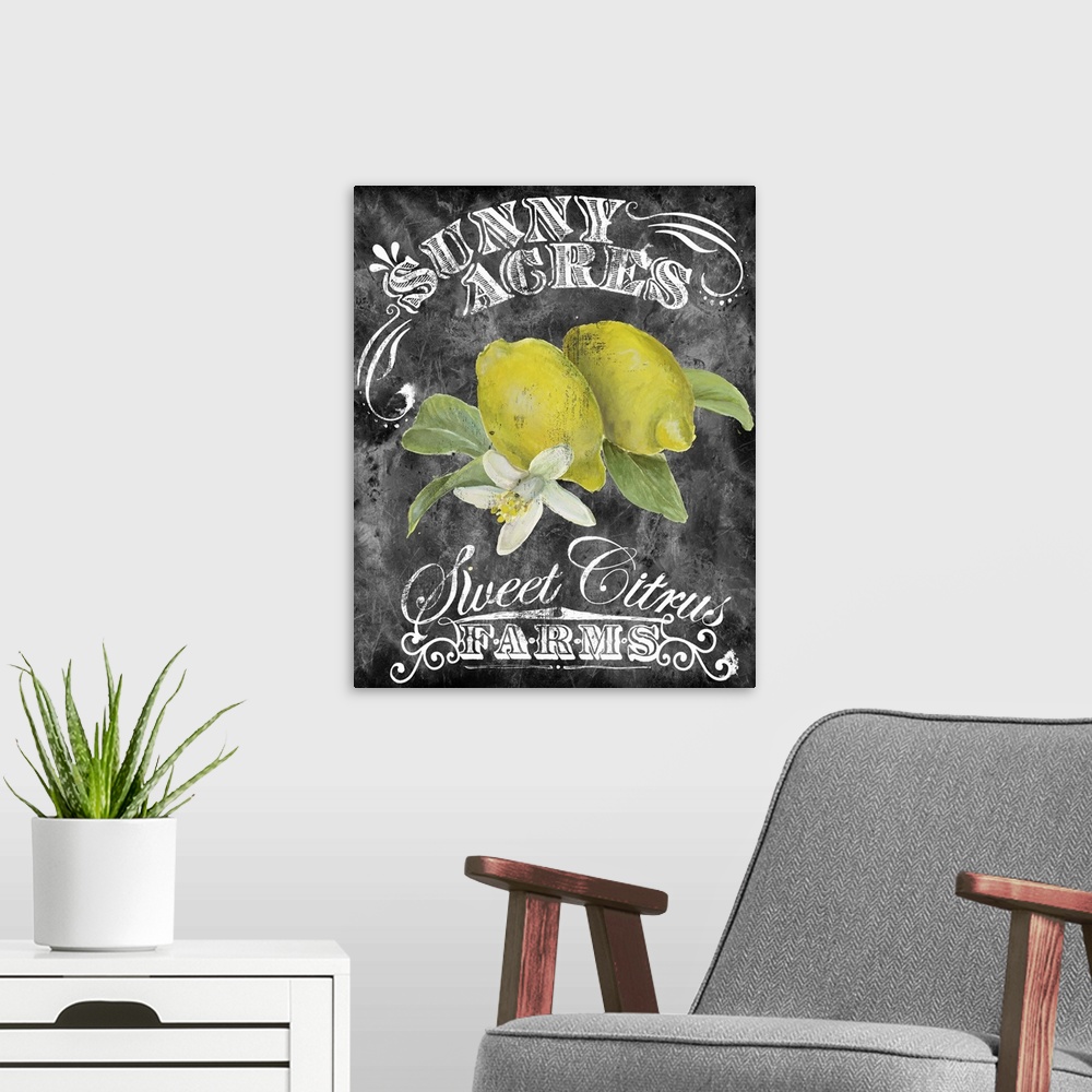 A modern room featuring Chalkboard-style sign for fresh lemons from the Farmer's Market.