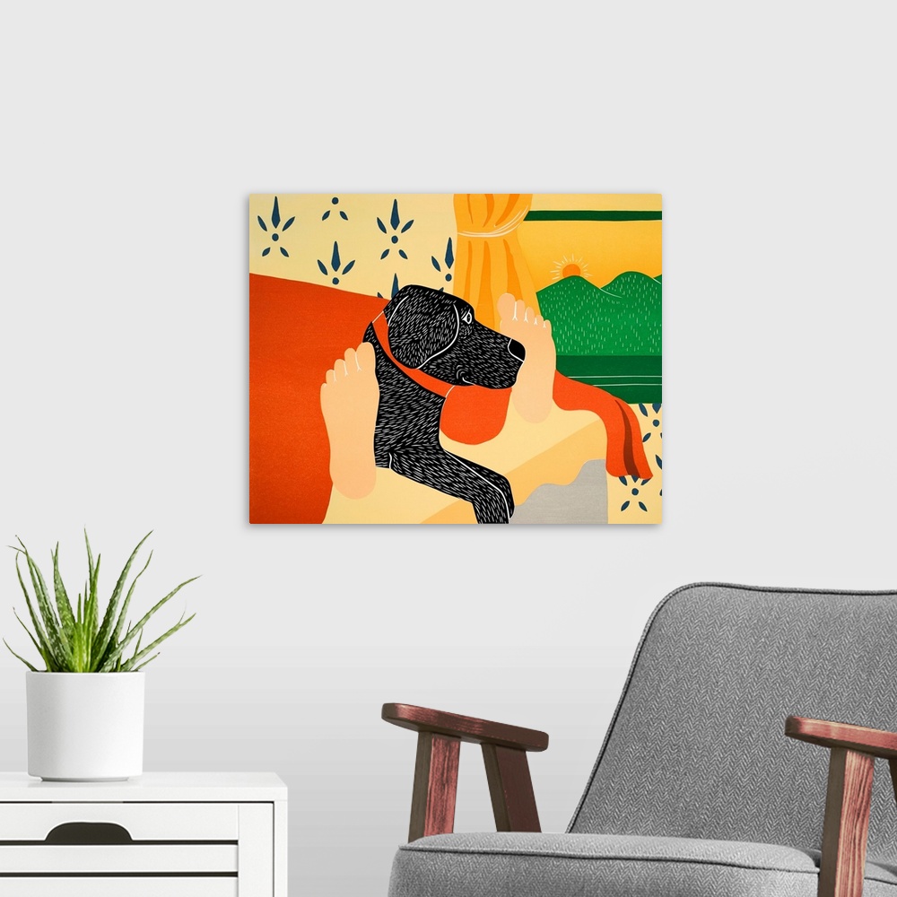 A modern room featuring Illustration of a black lab laying in the middle of its owners feet at the foot of the bed in the...