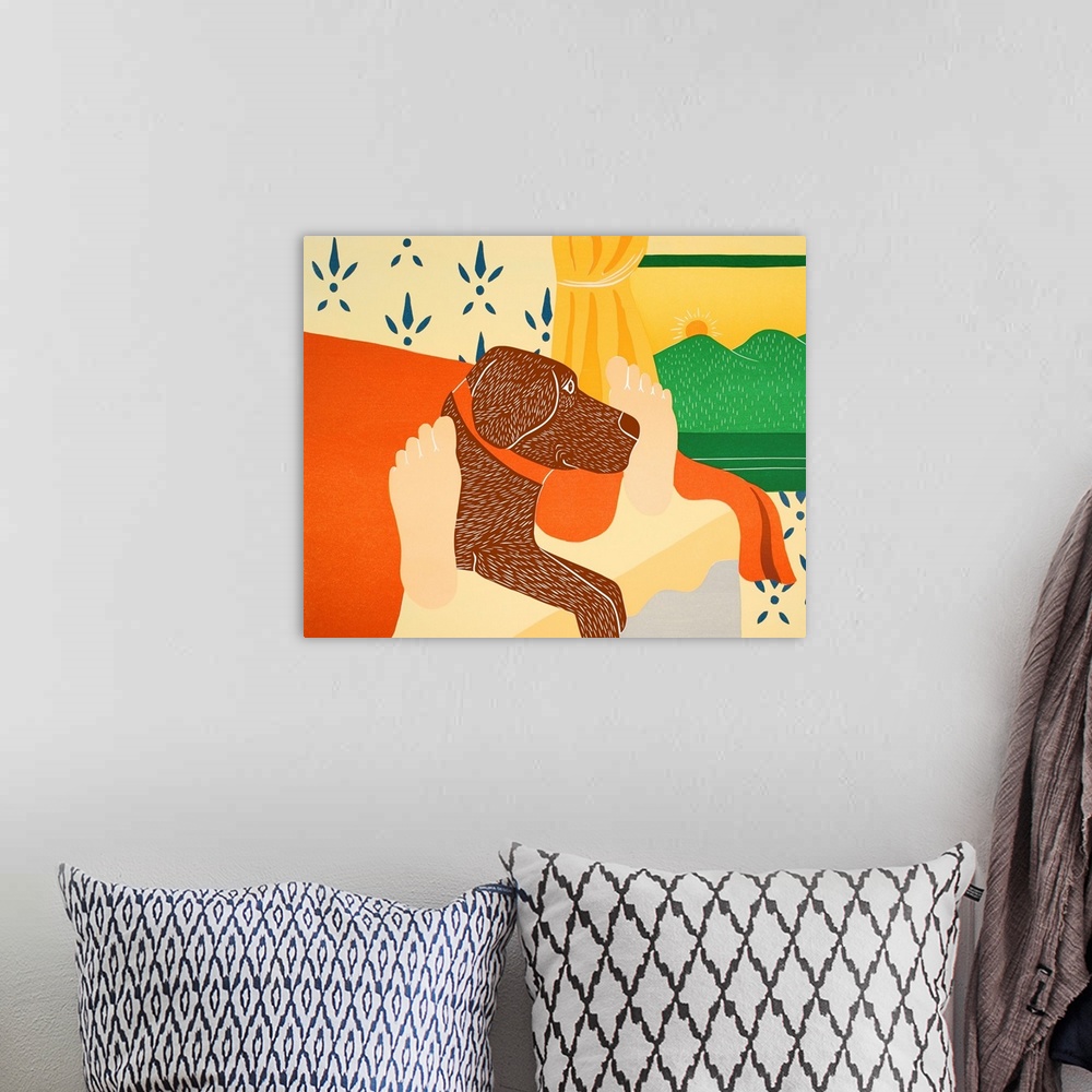 A bohemian room featuring Illustration of a chocolate lab laying in the middle of its owners feet at the foot of the bed in...