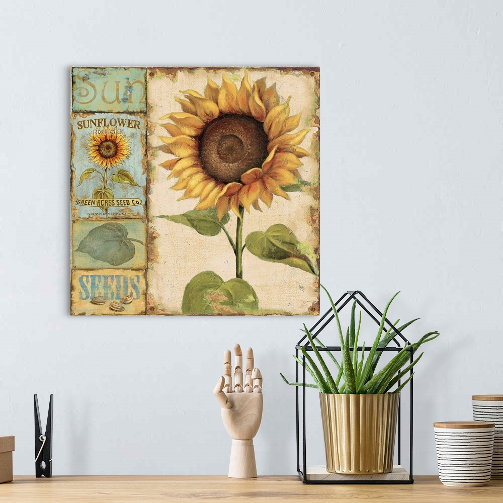 A bohemian room featuring Square large home art docor of a sunflower with four small related images lined vertically to its...