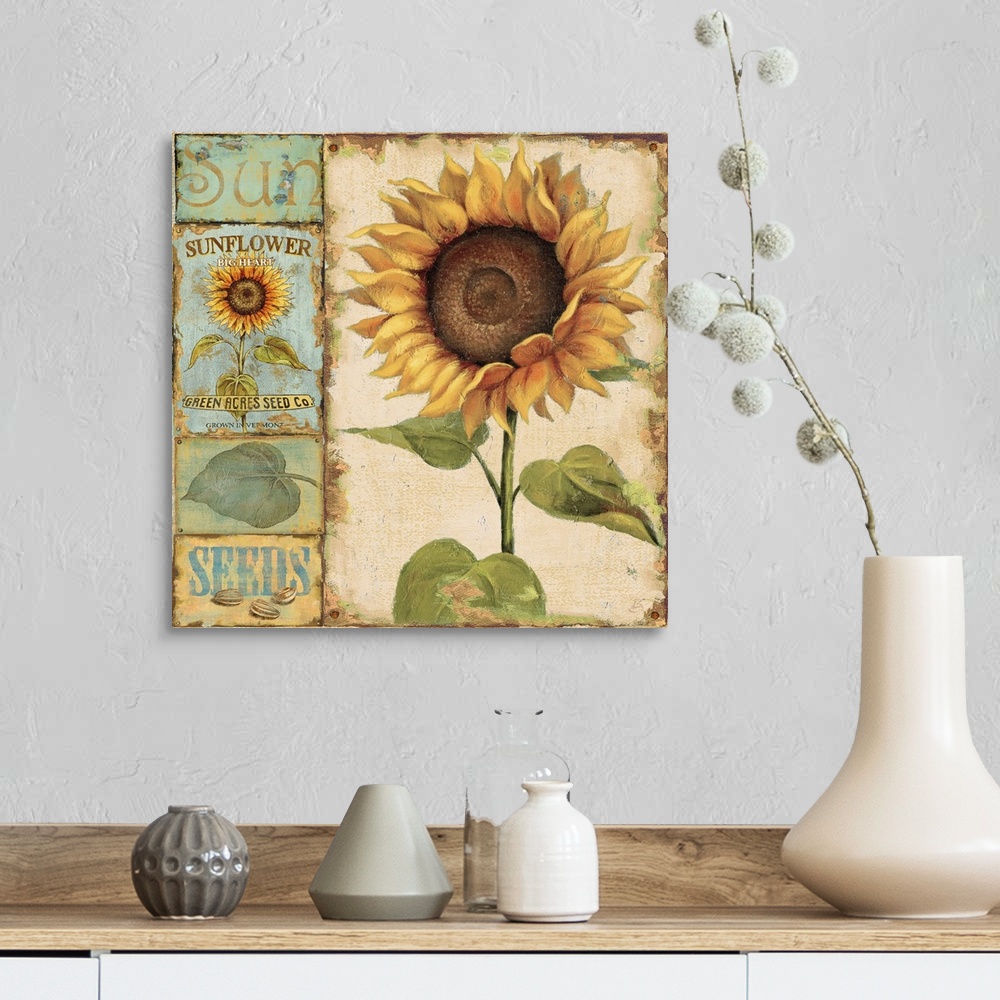 A farmhouse room featuring Square large home art docor of a sunflower with four small related images lined vertically to its...