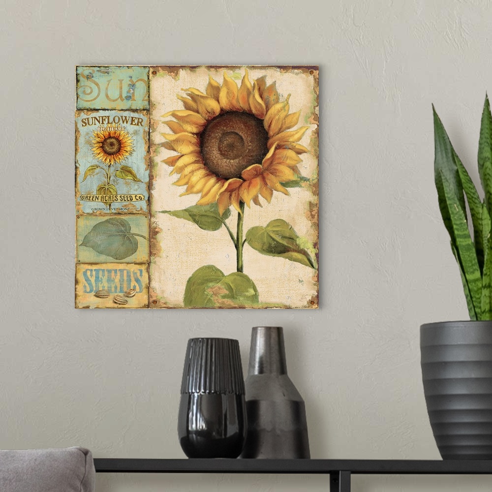 A modern room featuring Square large home art docor of a sunflower with four small related images lined vertically to its...