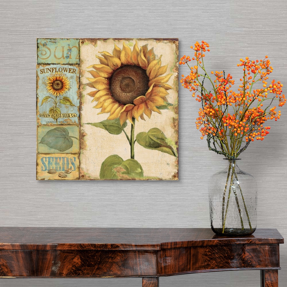 A traditional room featuring Square large home art docor of a sunflower with four small related images lined vertically to its...