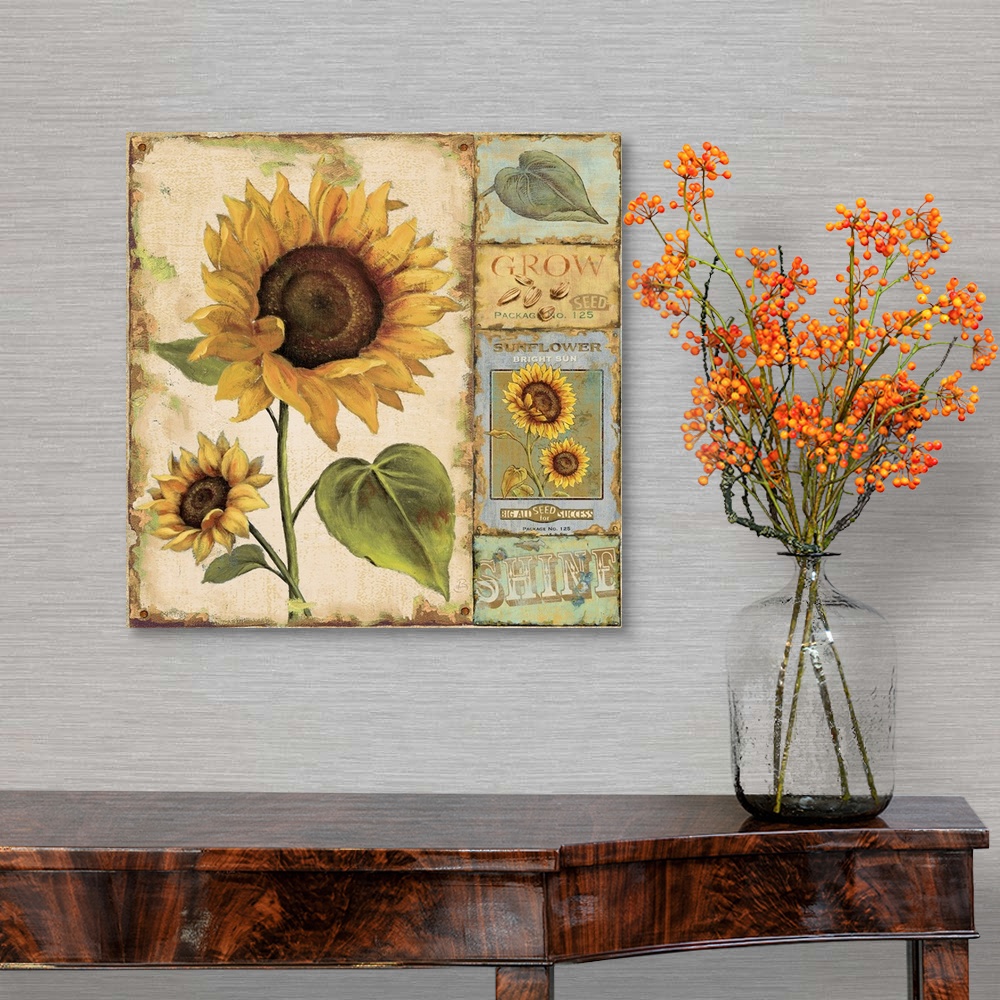 A traditional room featuring Retro wall docor featuring vintage illustrations of sunflowers, leaves, seeds, and seed packets.