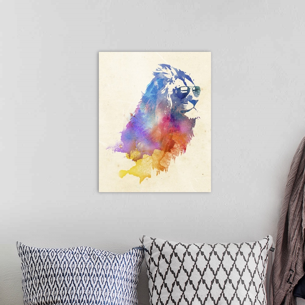 A bohemian room featuring Contemporary artwork of a watercolor lion wearing sunglasses.