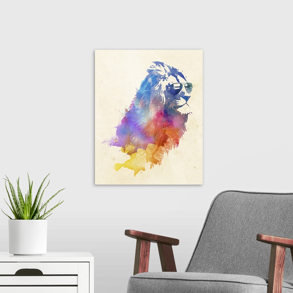 A modern room featuring Contemporary artwork of a watercolor lion wearing sunglasses.