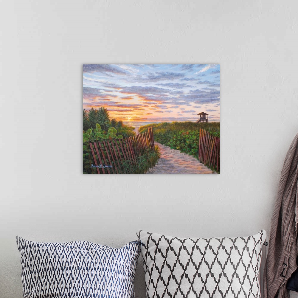 A bohemian room featuring Contemporary painting of a sun rising with puffy clouds over a sandy walkway leading to the beach.
