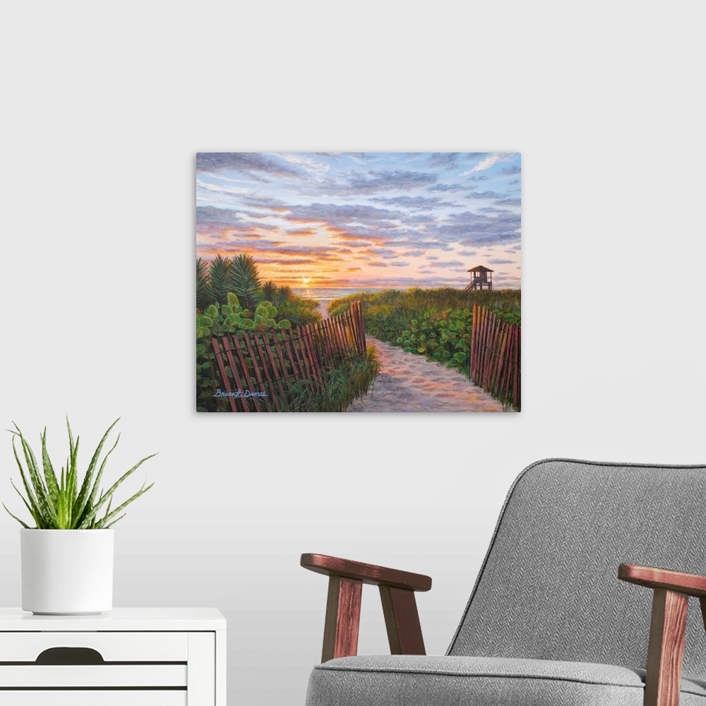 A modern room featuring Contemporary painting of a sun rising with puffy clouds over a sandy walkway leading to the beach.