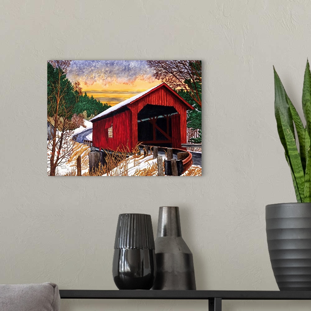 A modern room featuring Contemporary painting of an idyllic rural bridge scene.
