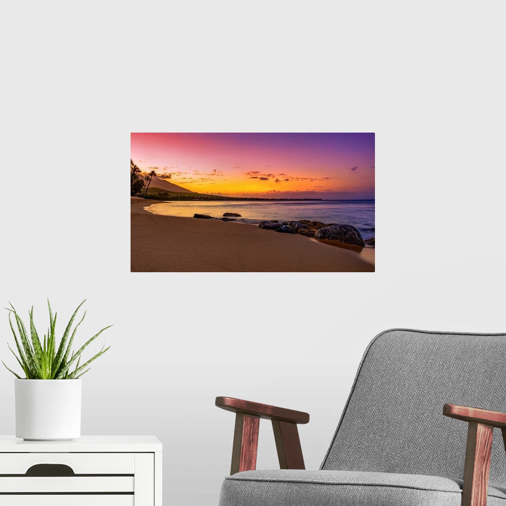 A modern room featuring Sunset Beach