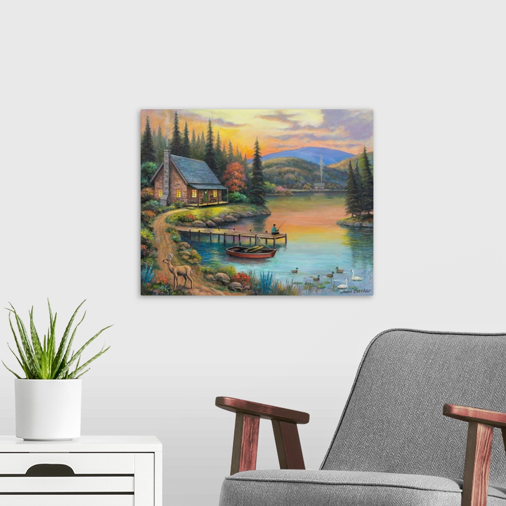 A modern room featuring Sunset Lake