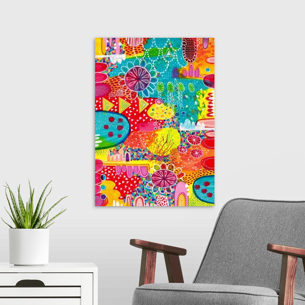 A modern room featuring Contemporary abstract artwork using bright vibrant colors and organic shapes.