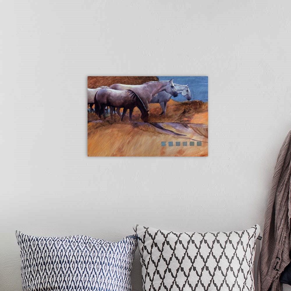 A bohemian room featuring Contemporary western theme painting of horses grazing on desert plains.