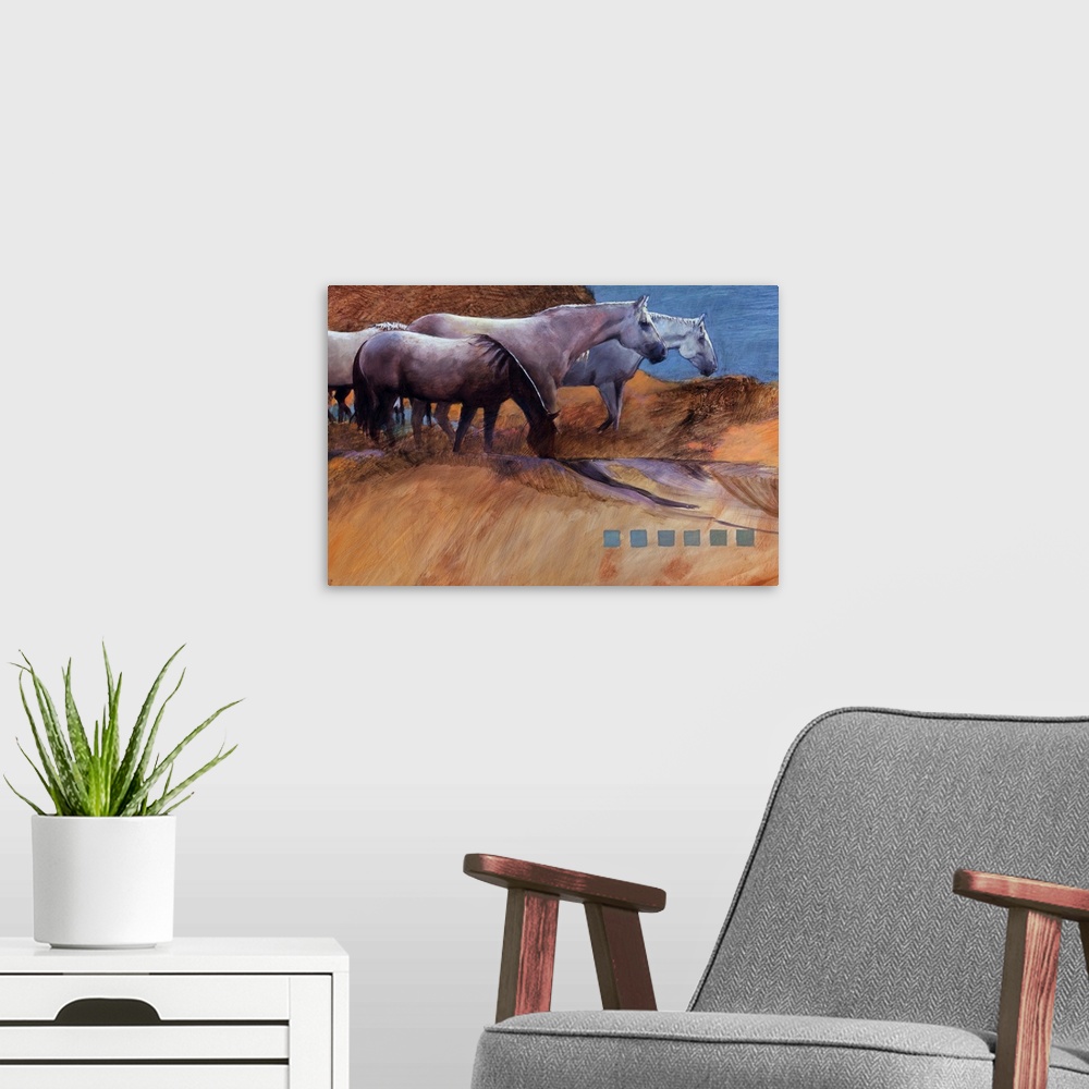 A modern room featuring Contemporary western theme painting of horses grazing on desert plains.