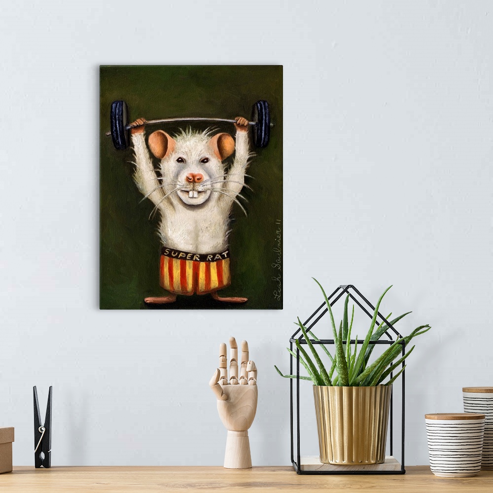 A bohemian room featuring Surrealist painting of a white rat lifting a dumbbell.