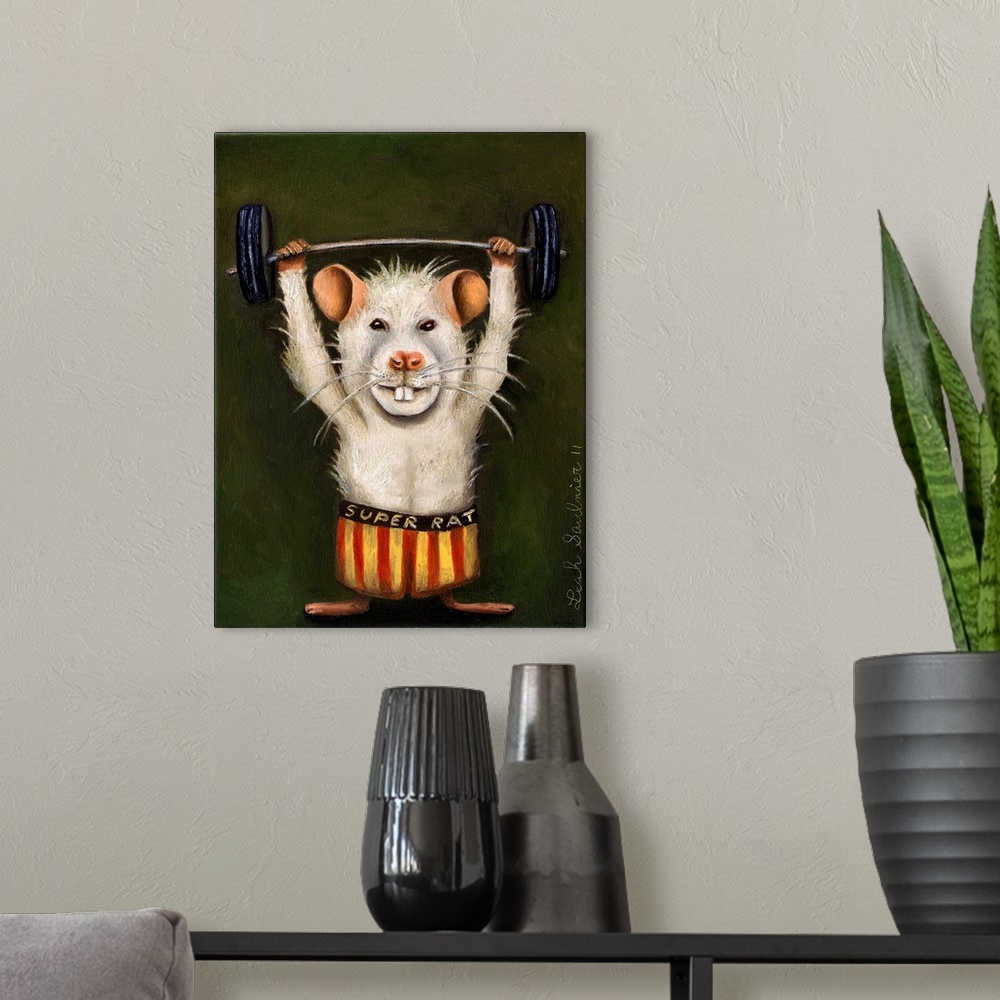 A modern room featuring Surrealist painting of a white rat lifting a dumbbell.